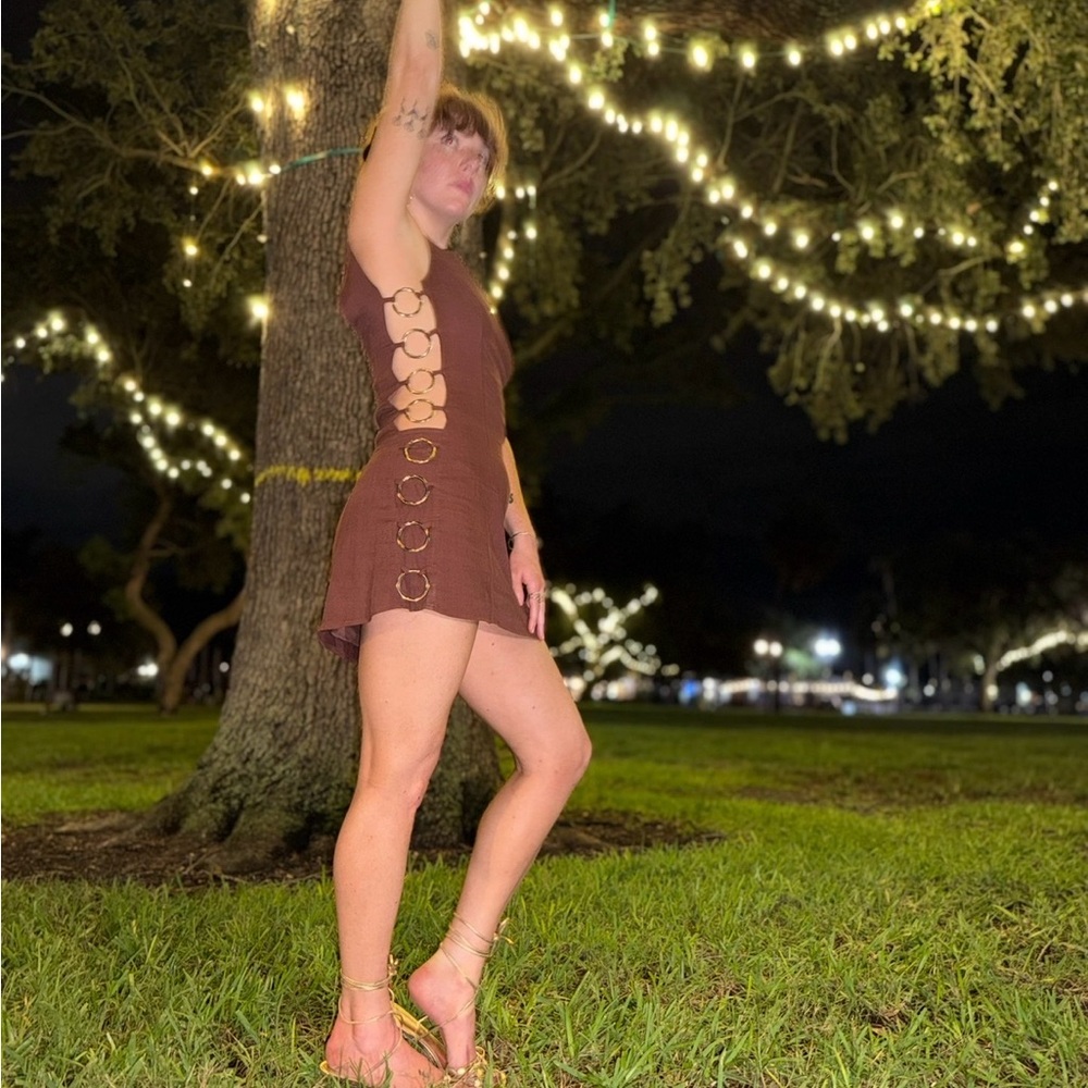 Brown Vrg Grl Dress with Silver Ring Accents